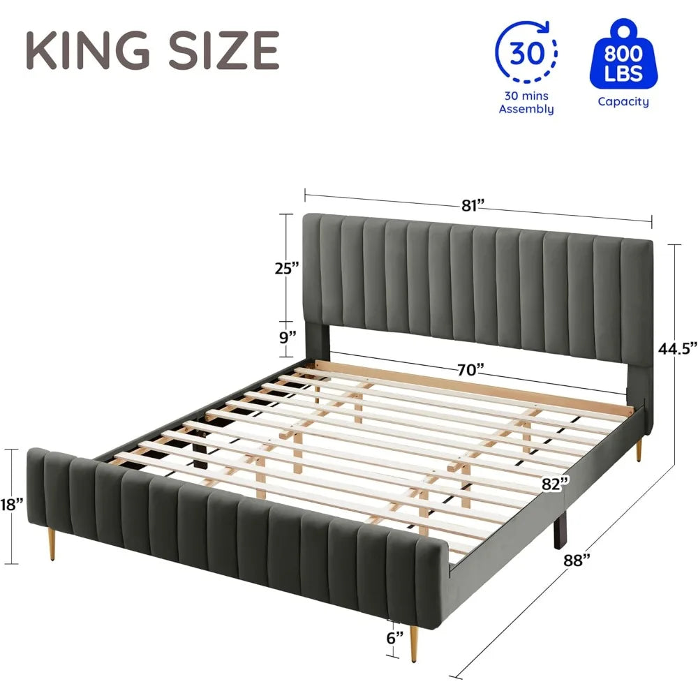 King Size Elton Velvet Platform Bed, Upholstered Bed Frame with Vertical Channel Tufted Headboard Footboard, Customized