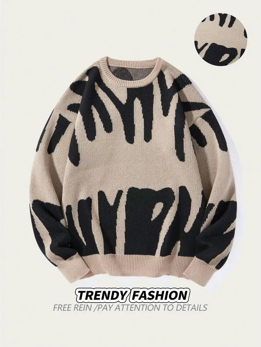 Men's Oversized Graphic Knit Sweater with Bold Black Pattern, Fall Winter Casual Wear