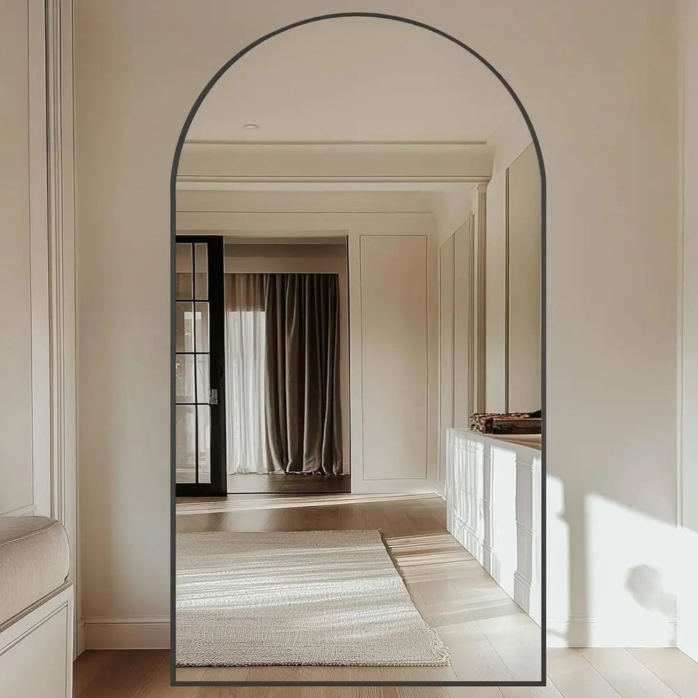 Arched Floor Mirror, 82x44, Black, Full-Length, Stand Included, Wall or Hanging Mount, Tempered Glass, Ideal for Home & Fitness