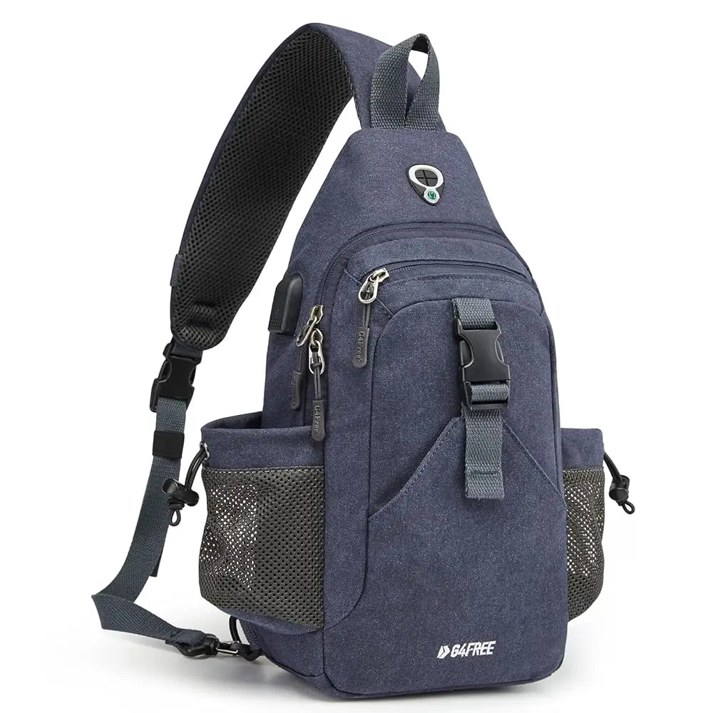 Canvas Sling Bag Crossbody Backpack with USB Charging Port & RFID Blocking, Hiking Daypack Chest Bag for Women Men