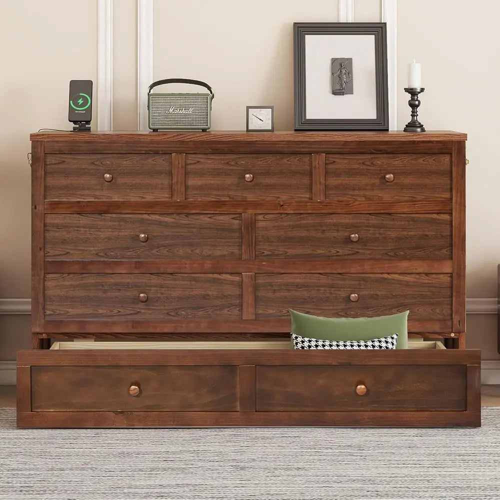 Murphy Bed Cabinet with Storage, Charging Station, USB Port, Solid Pine, Suitable for Home or Office, Studio or Guest Room, Waln