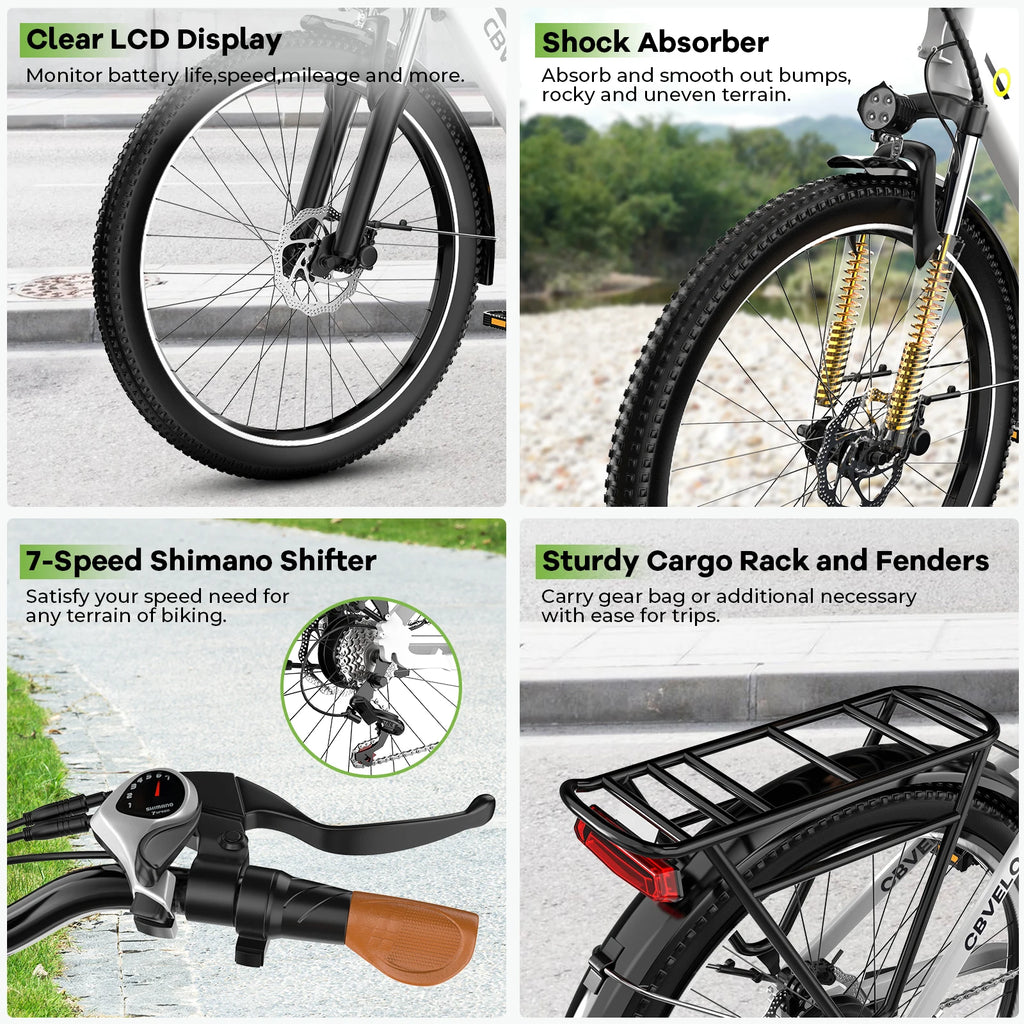 26" Step-Thru Electric bicycle for Adult,1000W Peak Motor, Built-in Removable Lithium Battery E-bike, 7-Speed City Commuter EK2