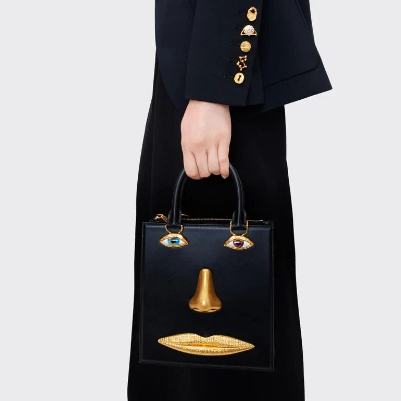 Mini Face Bag Women High Quality Black Leather Luxury Brands Handbag Jewelry Eyes Gold-tone Metal Shoulder Strap Crossbody Bags