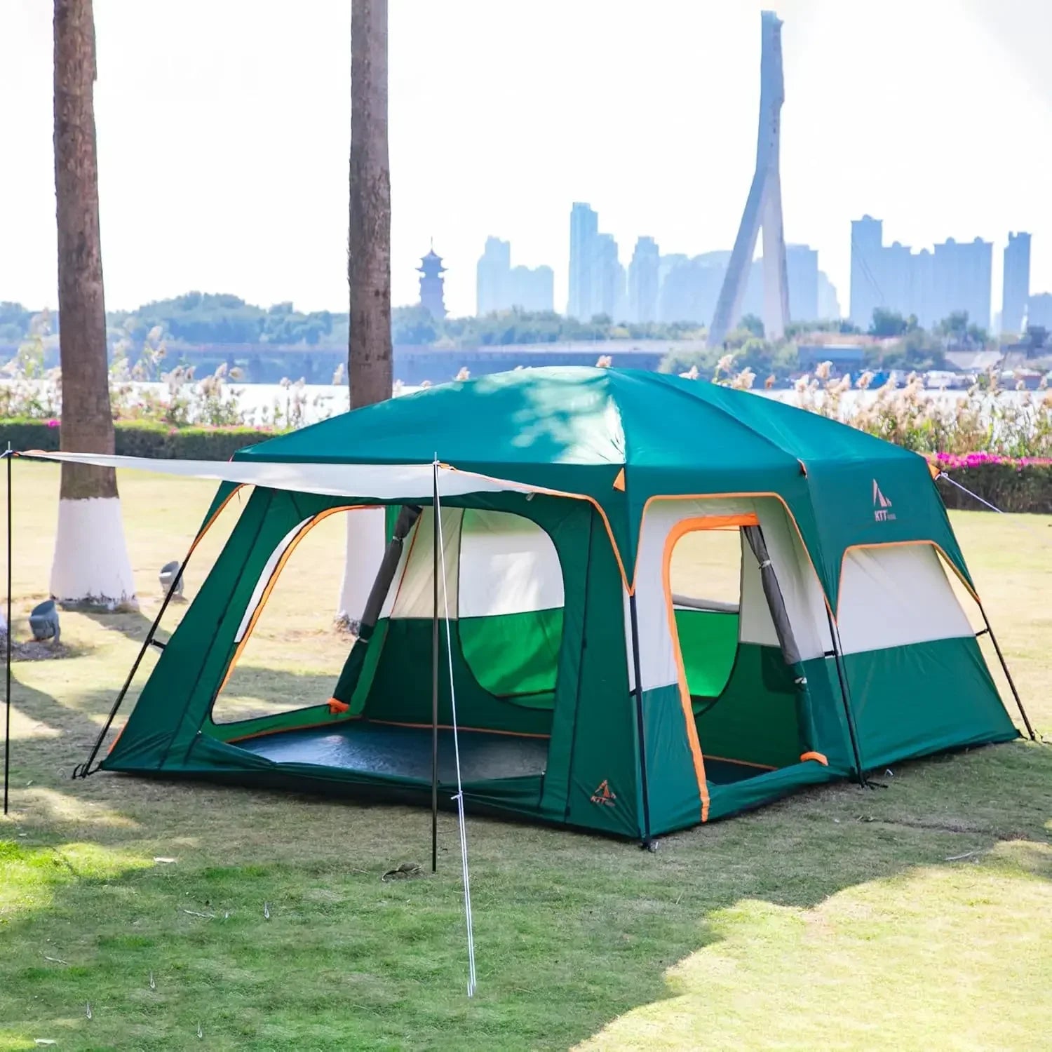 Extra Large Tent 6-10-12-14 Person(B),Family Cabin Tents,2 Rooms,3 Doors and 3 Windows with Mesh,Straight Wall,Waterproof,Double