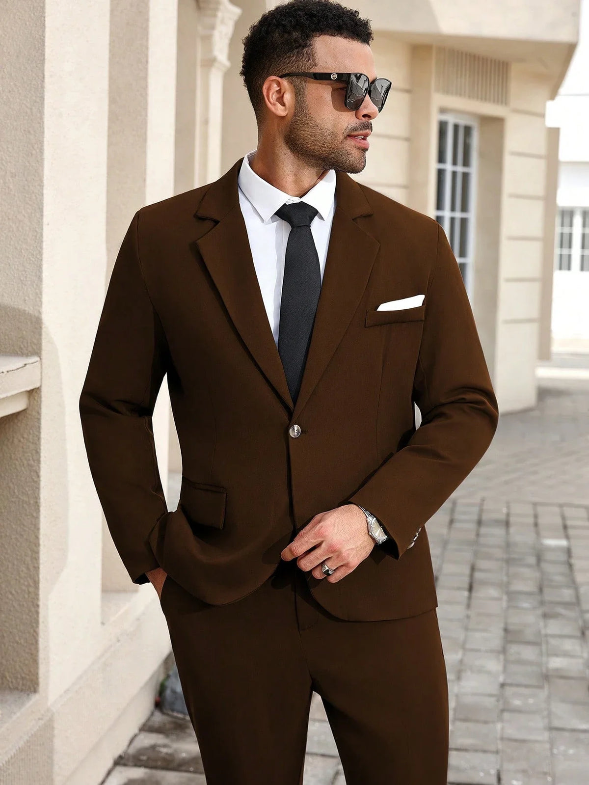 Men's Single Breasted Brown Suit Jacket And Pants Set
