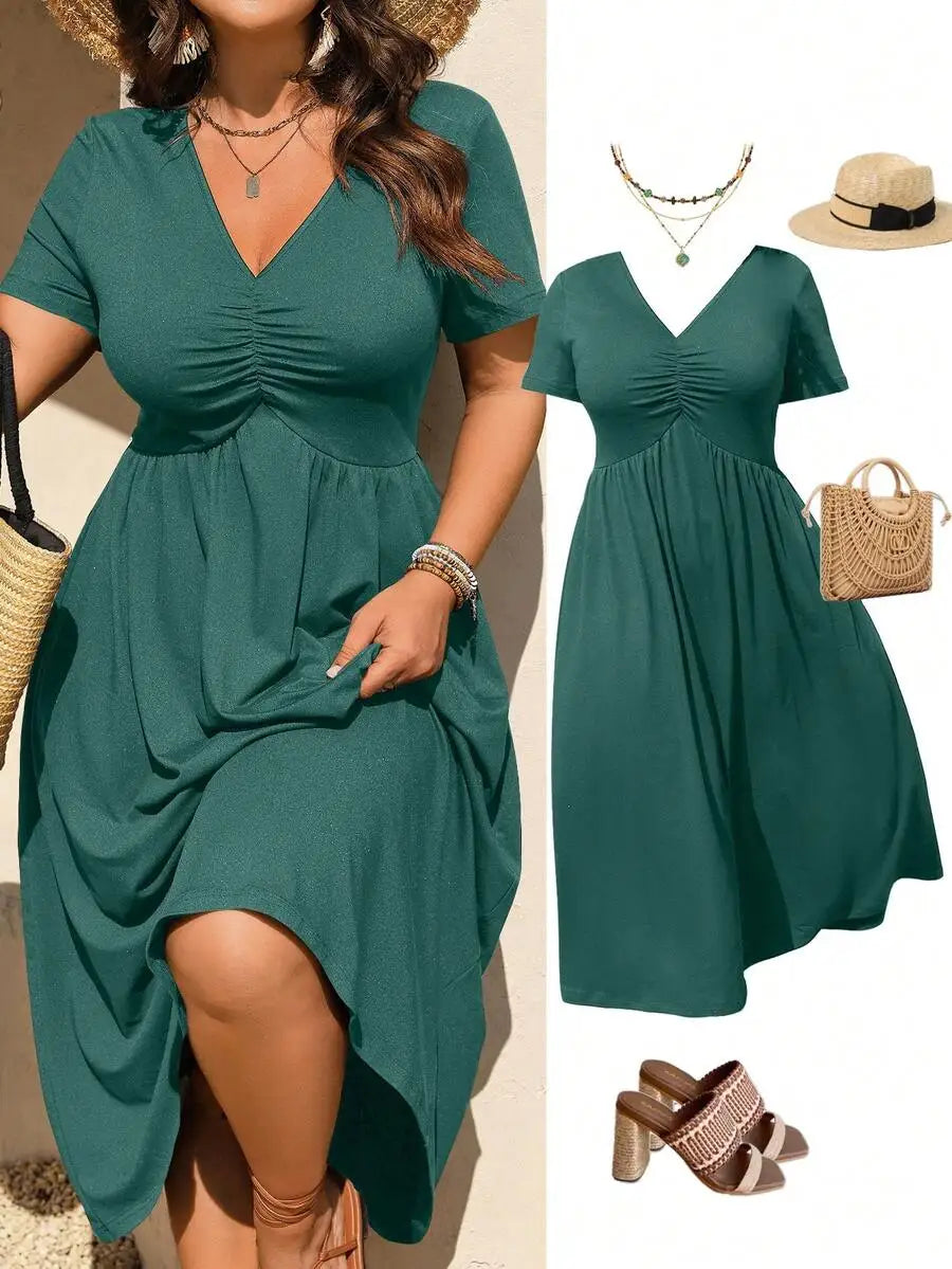 Black V-Neck Ruched Short Sleeve A-Line Midi Dress for Women