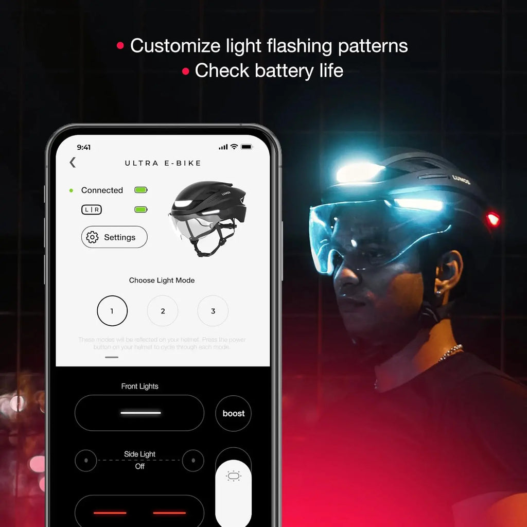 Smart E-Bike Helmet with LED Lights, Retractable Shield & App Control for Cycling Safety