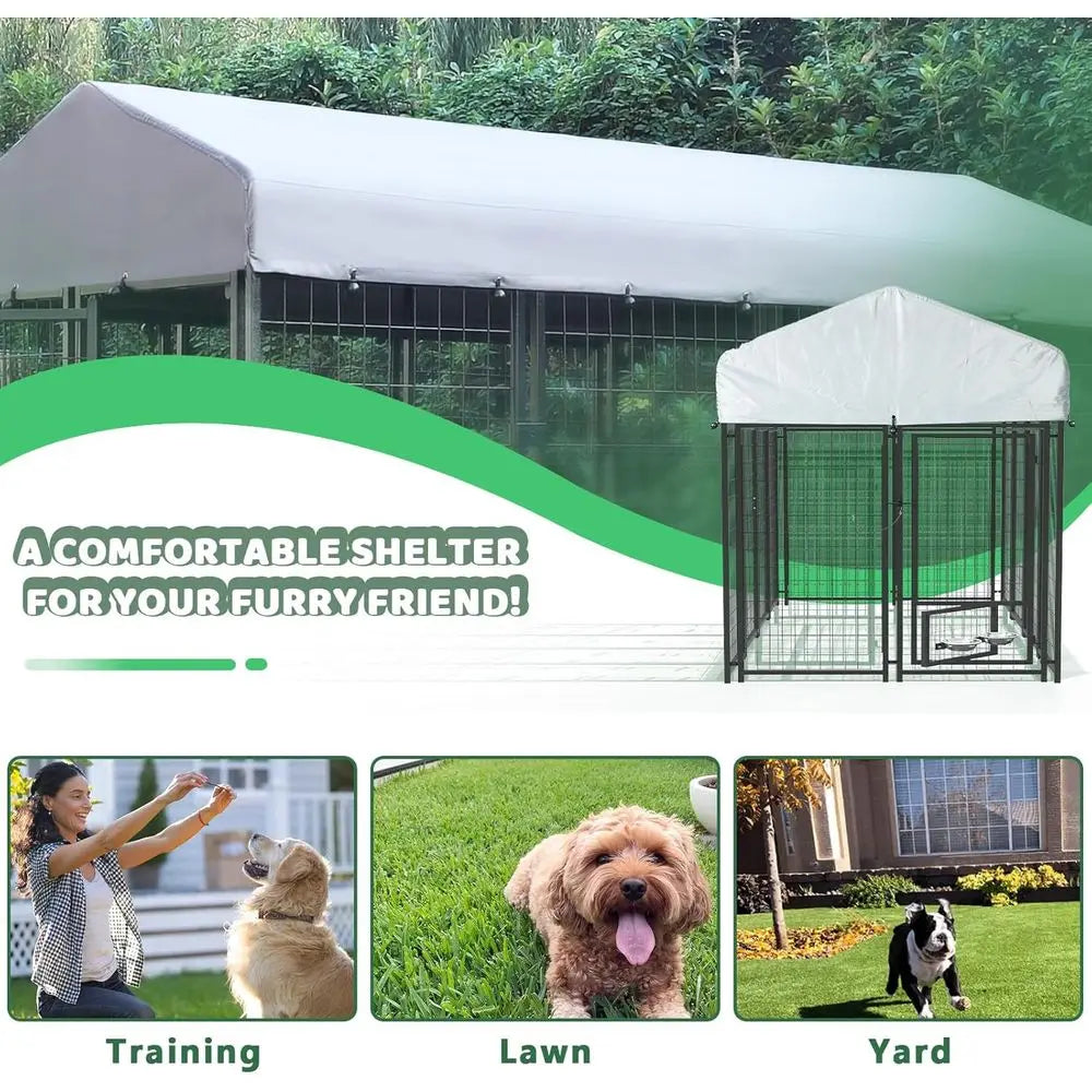 Sturdy 8x4x4 Dog Kennel with Roof, Heavy-Duty Steel Playpen for Large Dogs, Waterproof UV-Resistant Cover (93.1L x 50.4W x 56.6H