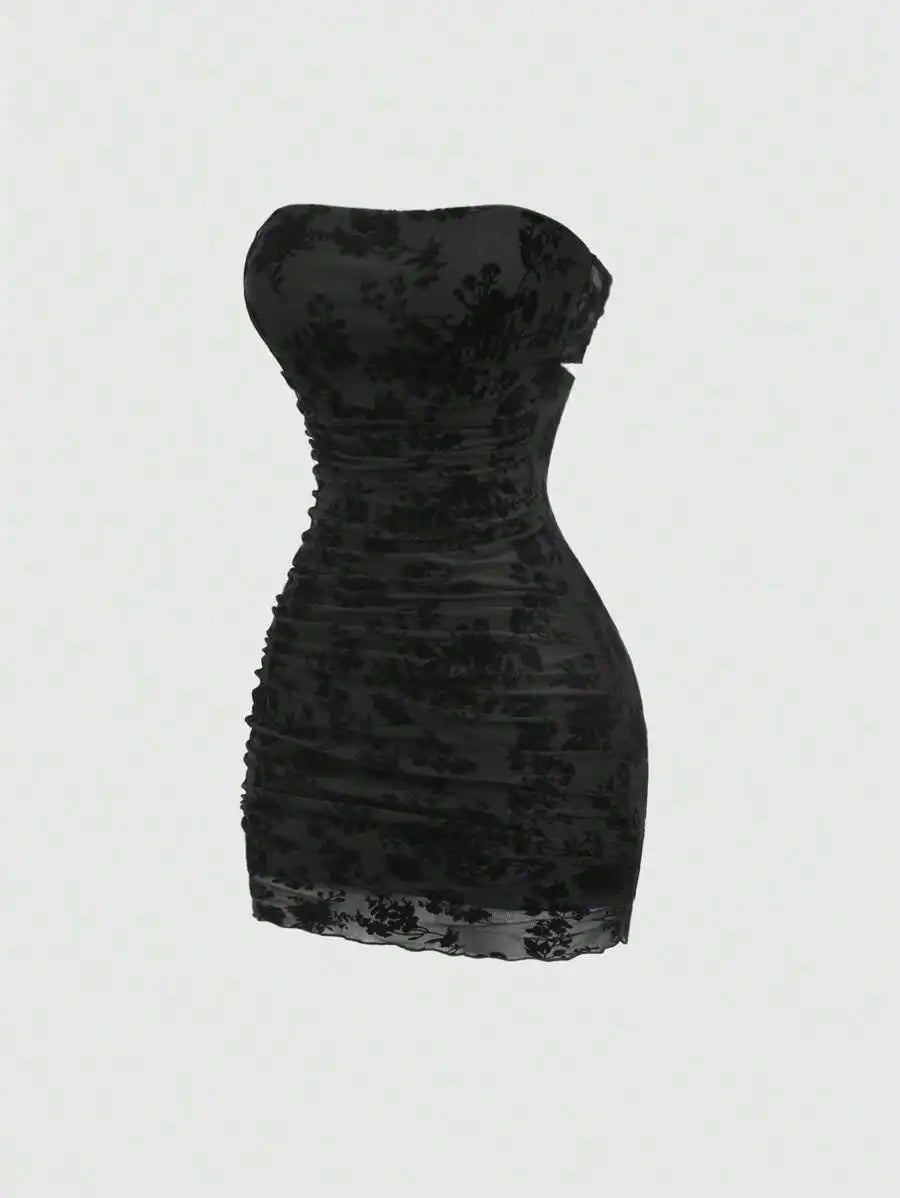 Black Velvet Floral Print Strapless Ruched Mini Dress for Women