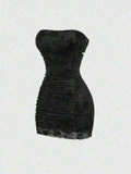 Black Velvet Floral Print Strapless Ruched Mini Dress for Women