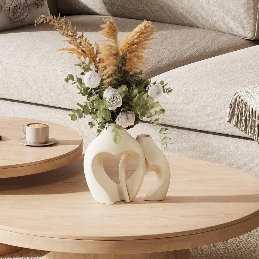 White Heart Shaped Ceramic Vases Set of 2 for Nordic Home Decor Elegant White Vases with Minimalist Design