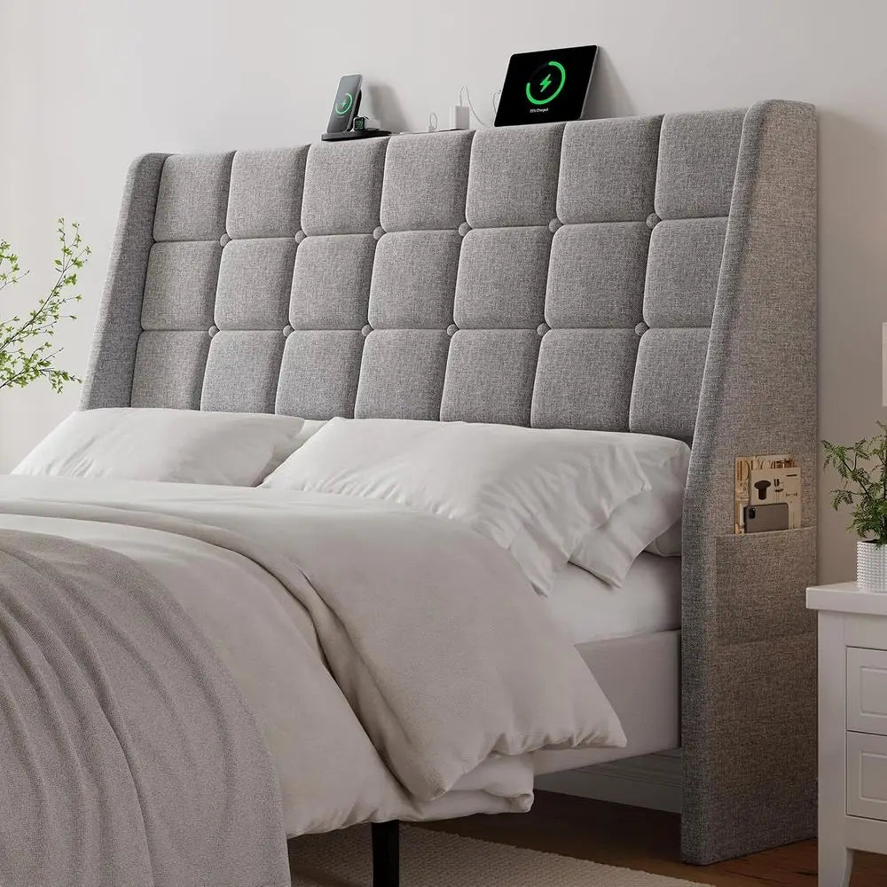 Queen Size Upholstered Bed with Charging Station, Linen Wingback Headboard, Storage, Solid Wood Bed Frame, Light Grey