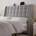 Queen Size Upholstered Bed with Charging Station, Linen Wingback Headboard, Storage, Solid Wood Bed Frame, Light Grey