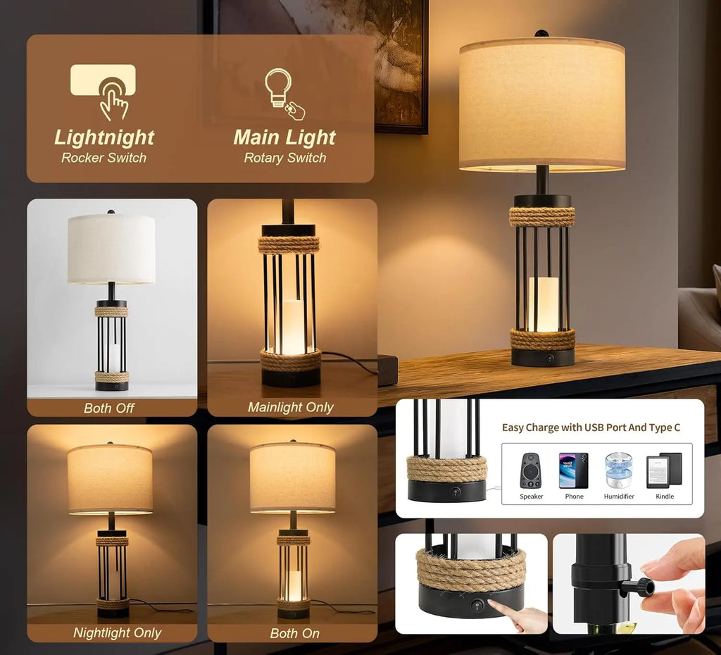 25" Farmhouse Table Lamps Set of 2 with Night Light, USB Charging Ports, Rustic Black Metal and Rope Design