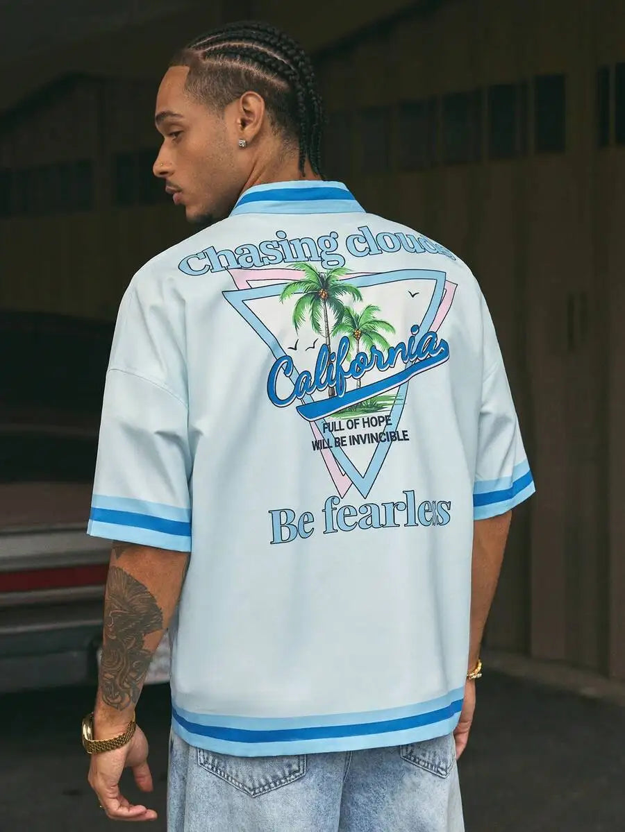 Men's Oversized Woven Short Sleeve Shirt with Graphic Print, Streetwear Style