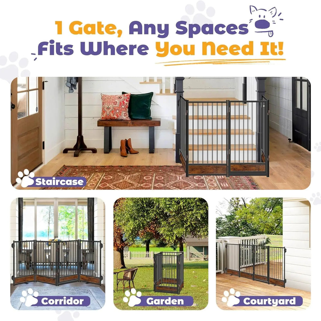 Freestanding Dog Gate with Door, Metal & Wood, 81'' Wide 32'' Tall, Foldable Safety Fence for Indoor/Outdoor Use