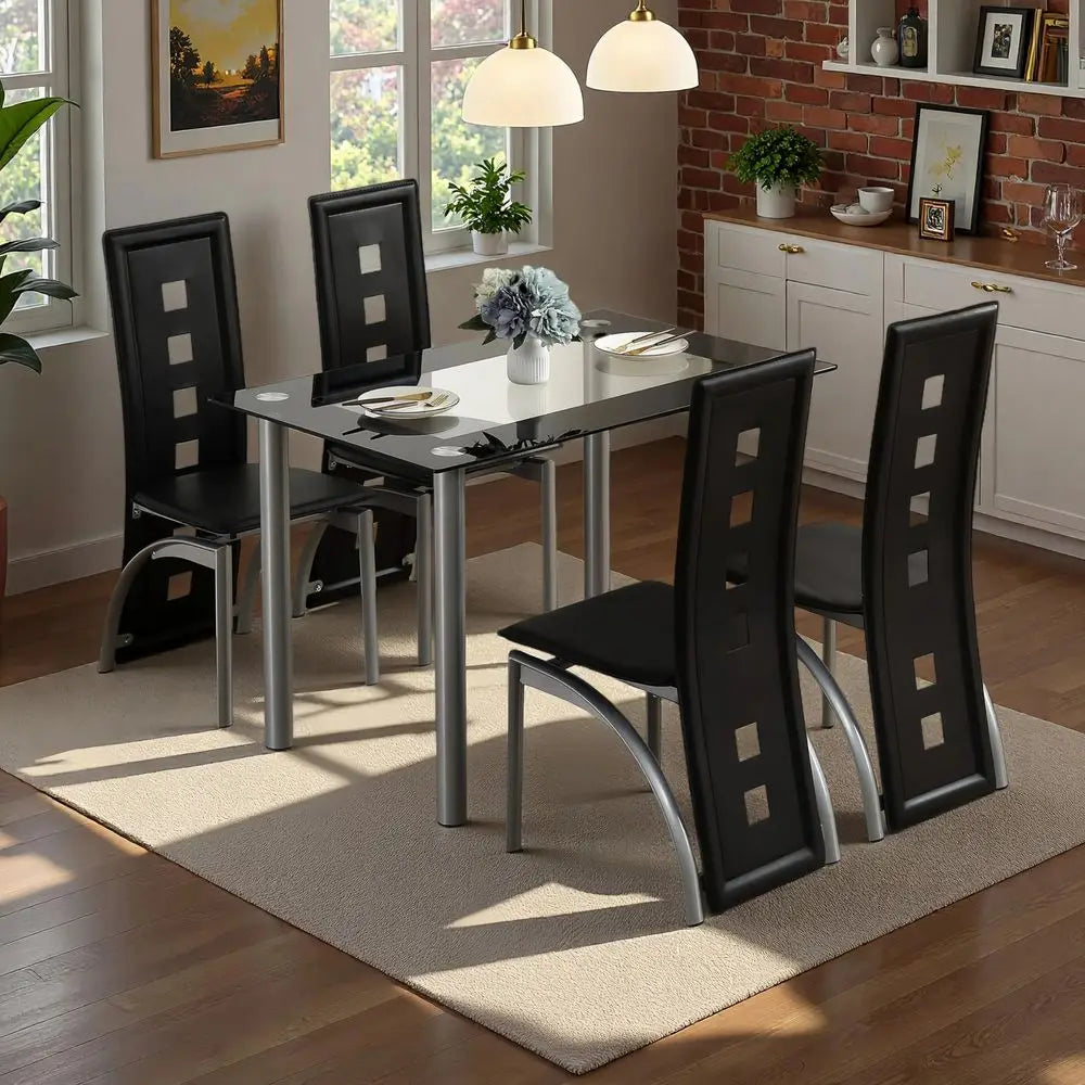 5Piece Dining Table Set with 1 Glass Dining Table and 4 PVC Chairs, Modern Dining Table Set for Kitchen amp Breakfast Dining Liv