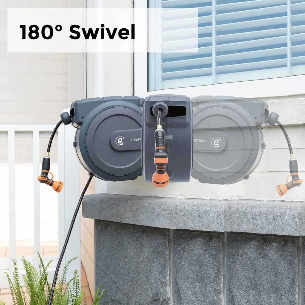 Giraffe Tools AW40 Retractable Garden Hose Reel 1/2 Inch x 130 ft hose, Super Heavy Duty, Any Length Lock, Slow Return System