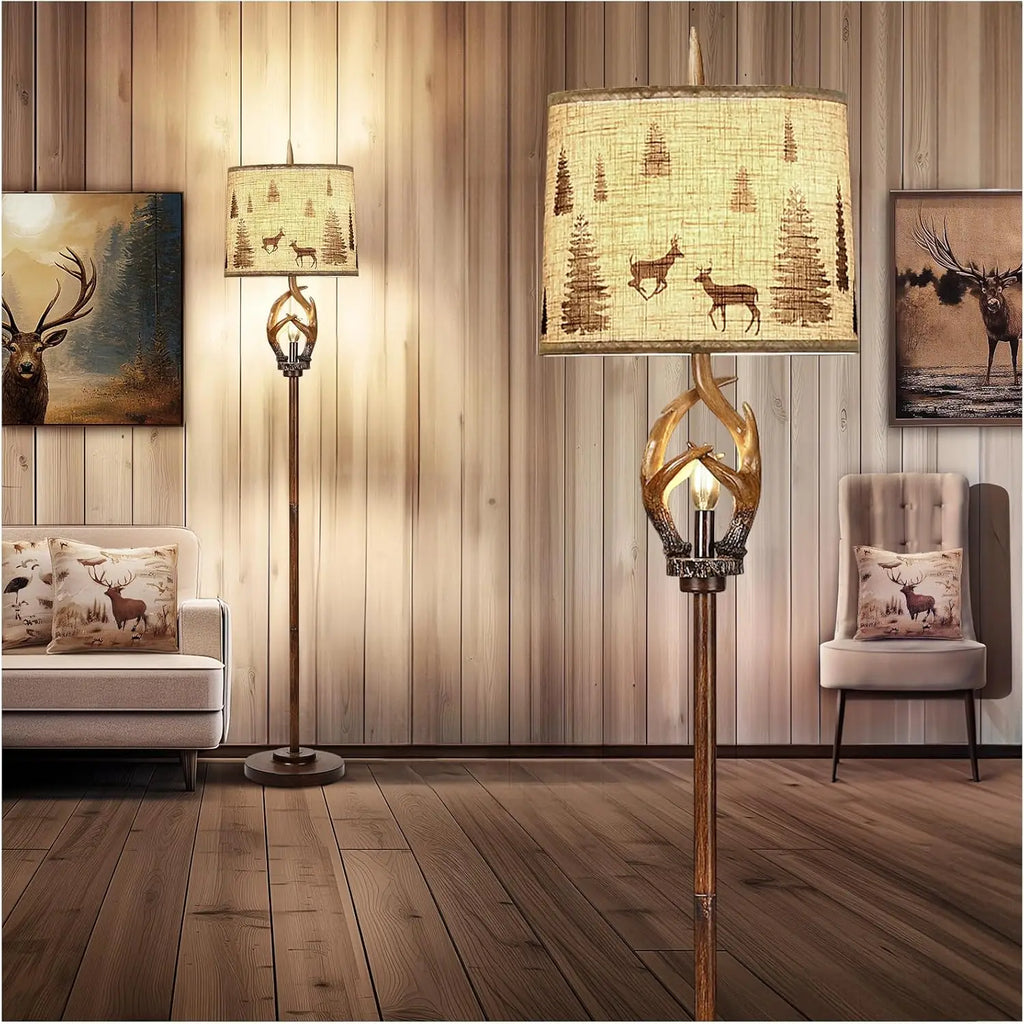 Rustic Antlers Floor Lamp with Nightlight, Brown Finish Round Shade for Living Room Bedroom Office