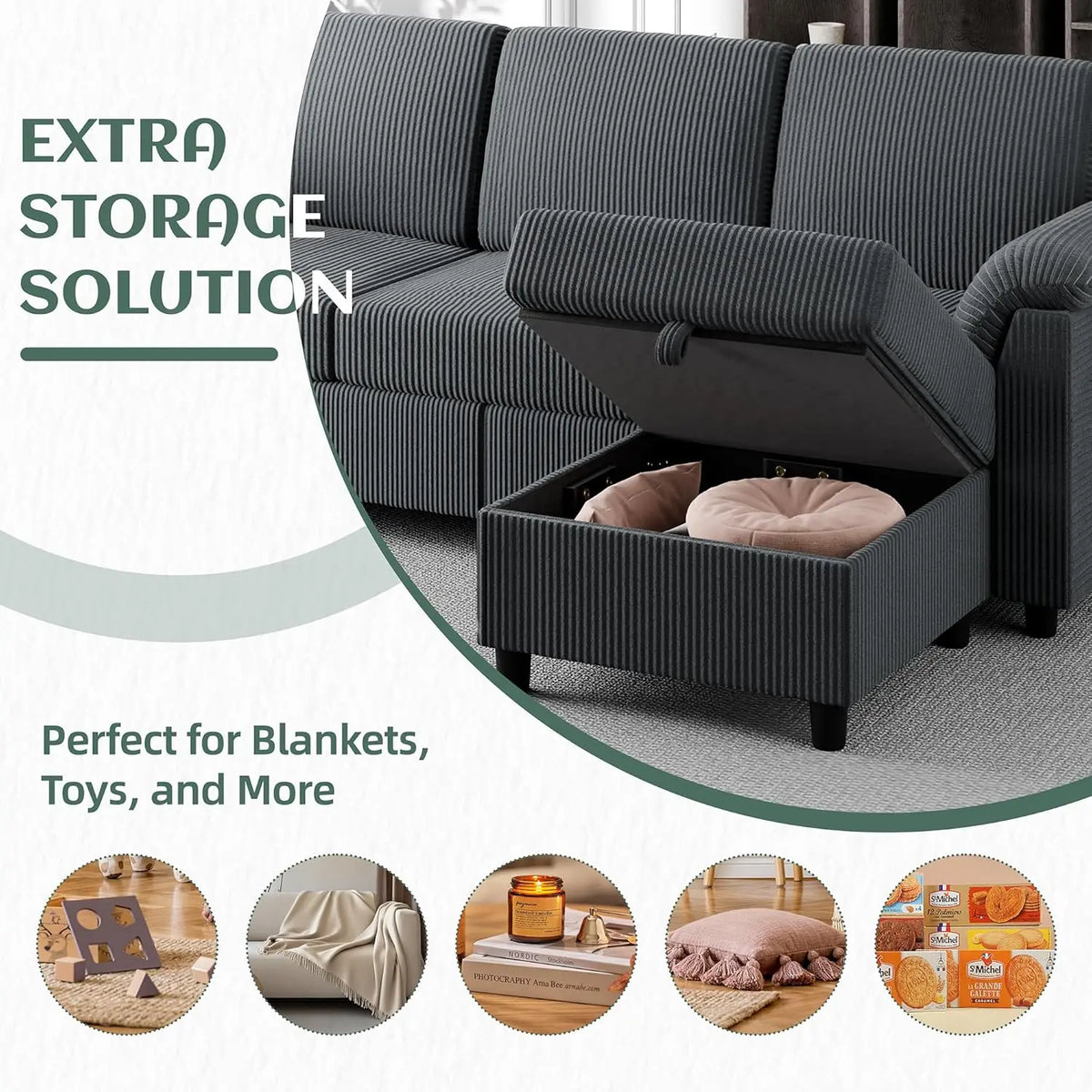 79" Convertible Sectional Sofa L Shape Storage Ottoman Side Pocket Small Living Room Apartment Grey Customized