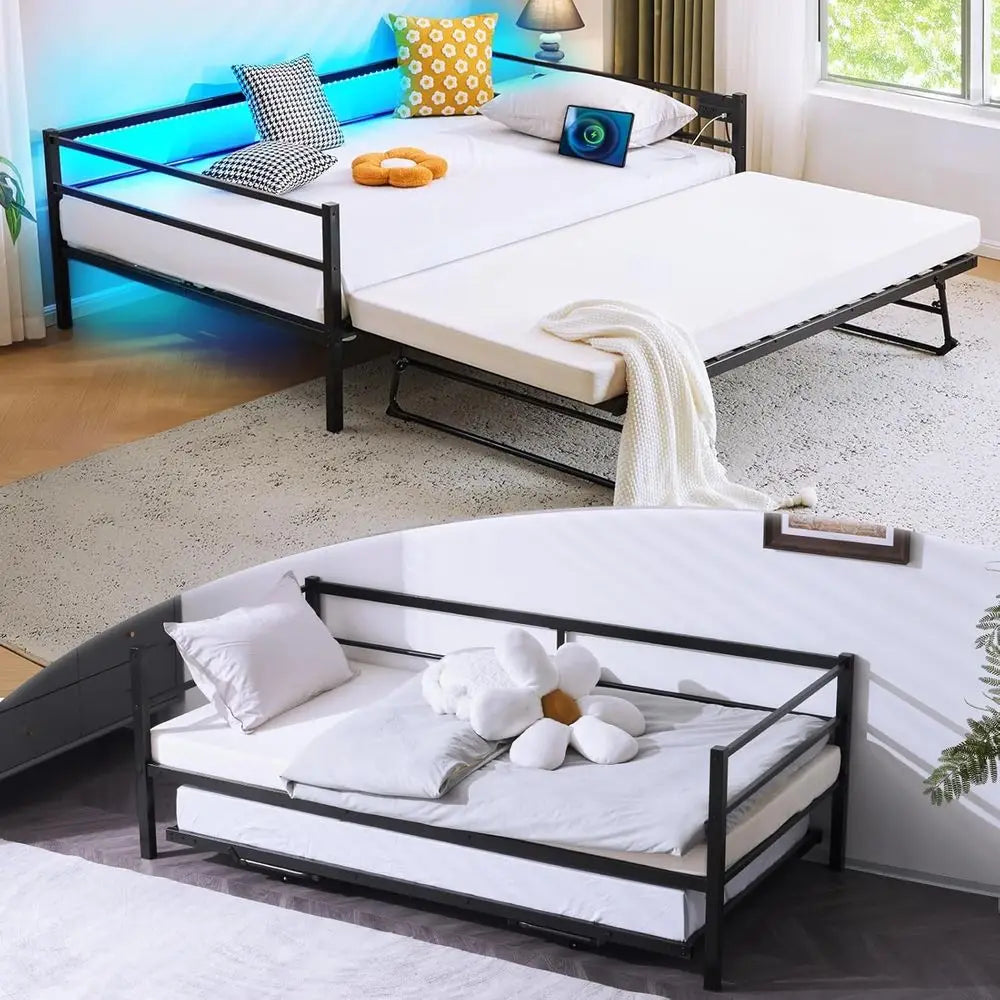 Metal Daybed with Up Trundle Bed Twin, Sofa Daybed with Charging Station, LED Lights, Heavy Duty Steel Slats, Pull Out Trundle,