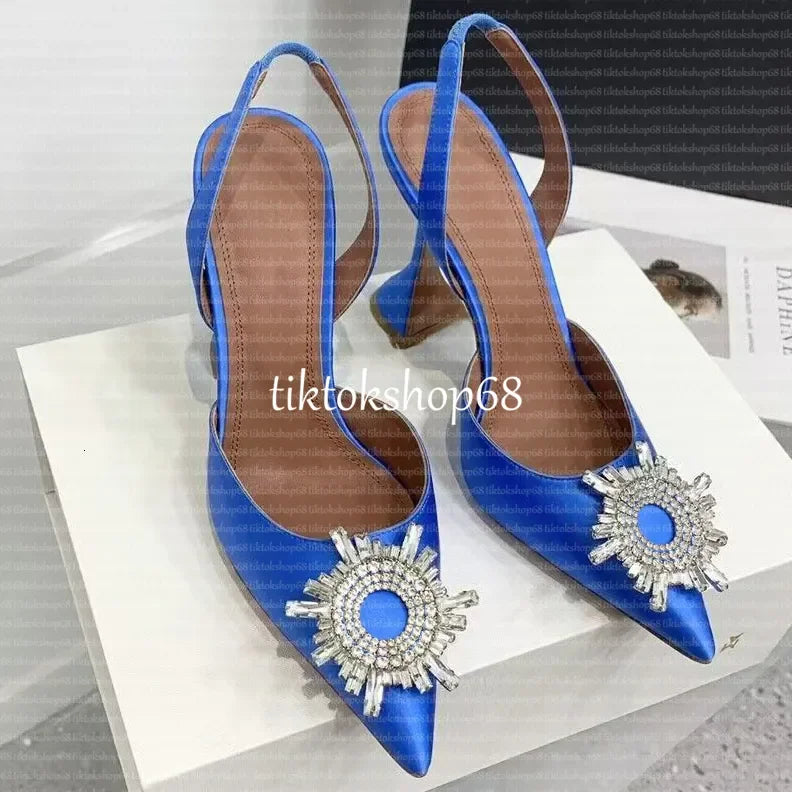 Amina muadii heels designer sandals womens wedding dress shoes satin pointed slingbacks bowtie pumps crystal sunflower flower hi