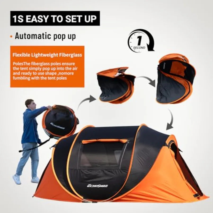 Instant Pop Up Camping Tent, 4 Person, Easy Setup Tent, Water Resistant Dome, Portable with Carry Bag