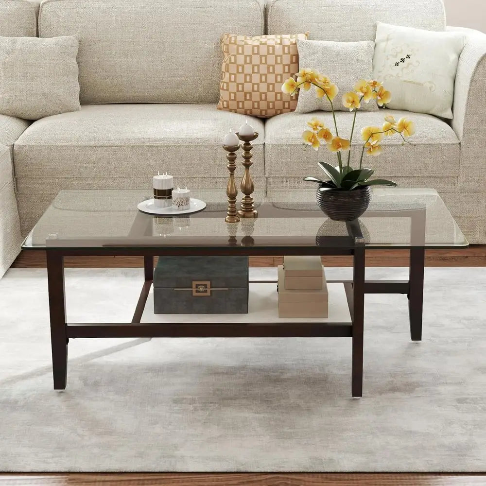 42 Two-Tier Rectangular Coffee Table with Storage Shelf and Solid Rubberwood Legs for Living Room or Home Office (Brown)