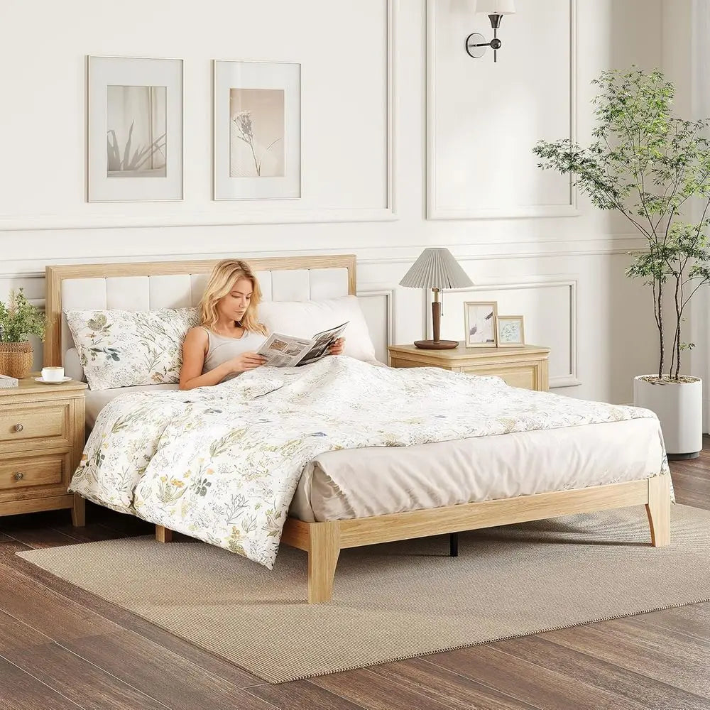 Queen Size Upholstered Platform Bed with Wooden Slats, No Box Spring Needed, Easy Assembly, Natural