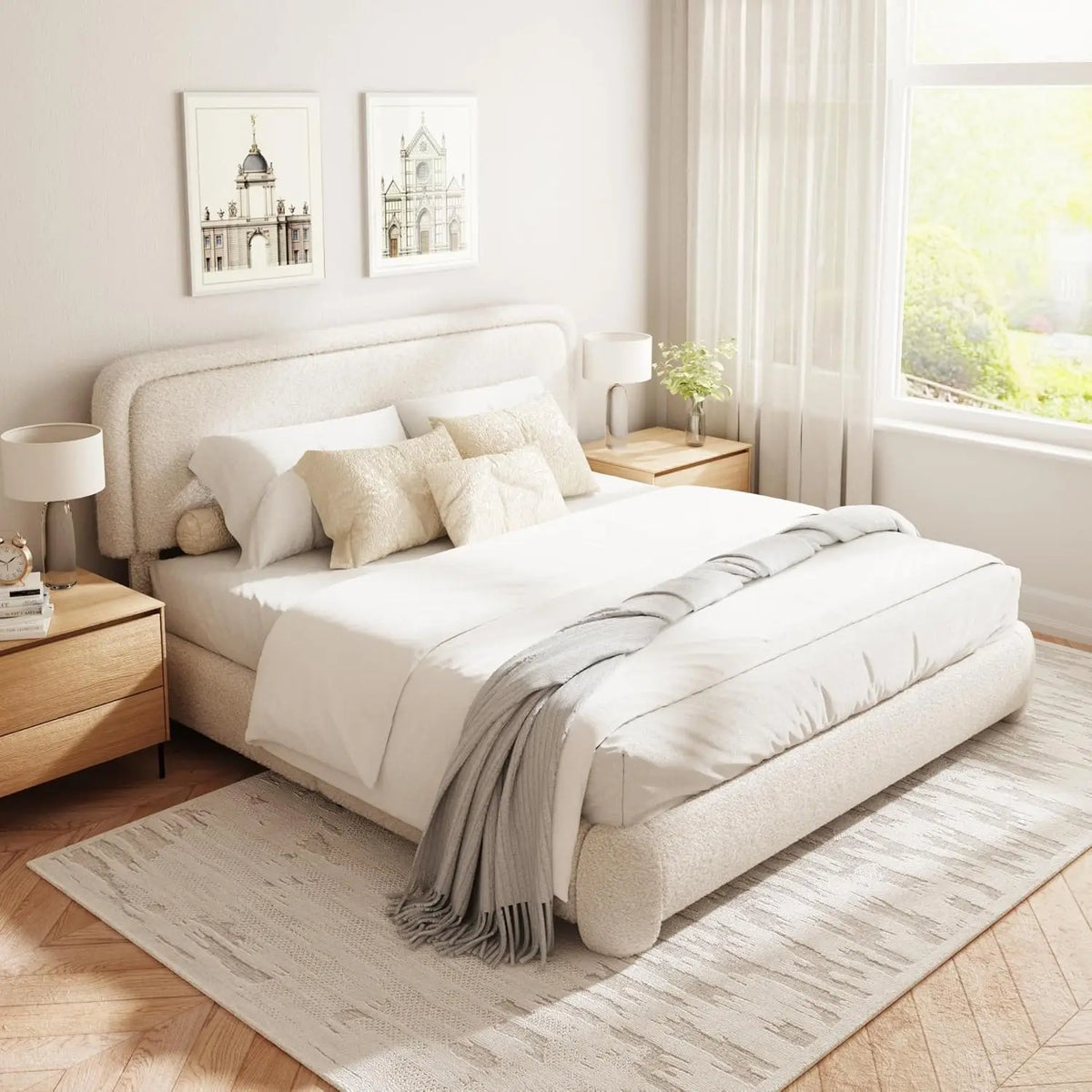 Upholstered Platform Bed Adjustable Headboard Rounded Corners Noise Free Easy Assembly White, Customized