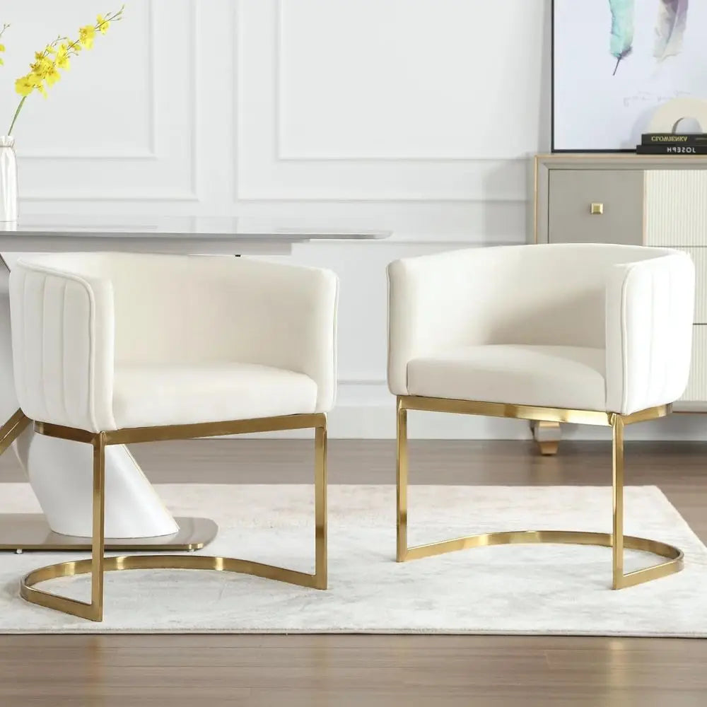 Pair of Velvet Dining Chairs, Gold Metal Legs, Cream White Upholstery for Kitchen or Dining Area