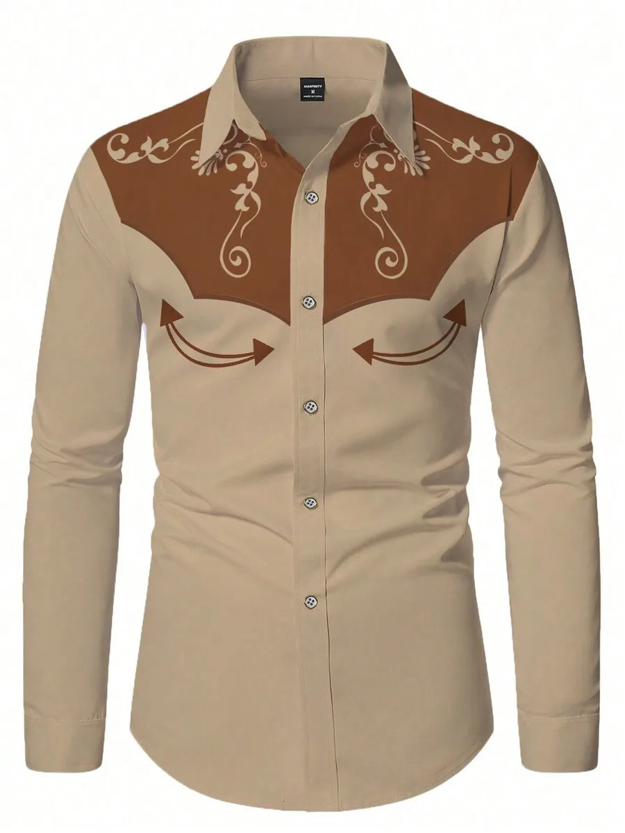 Men's Western Style Contrast Color Embroidered Yoke Shirt, Long Sleeve Casual Top