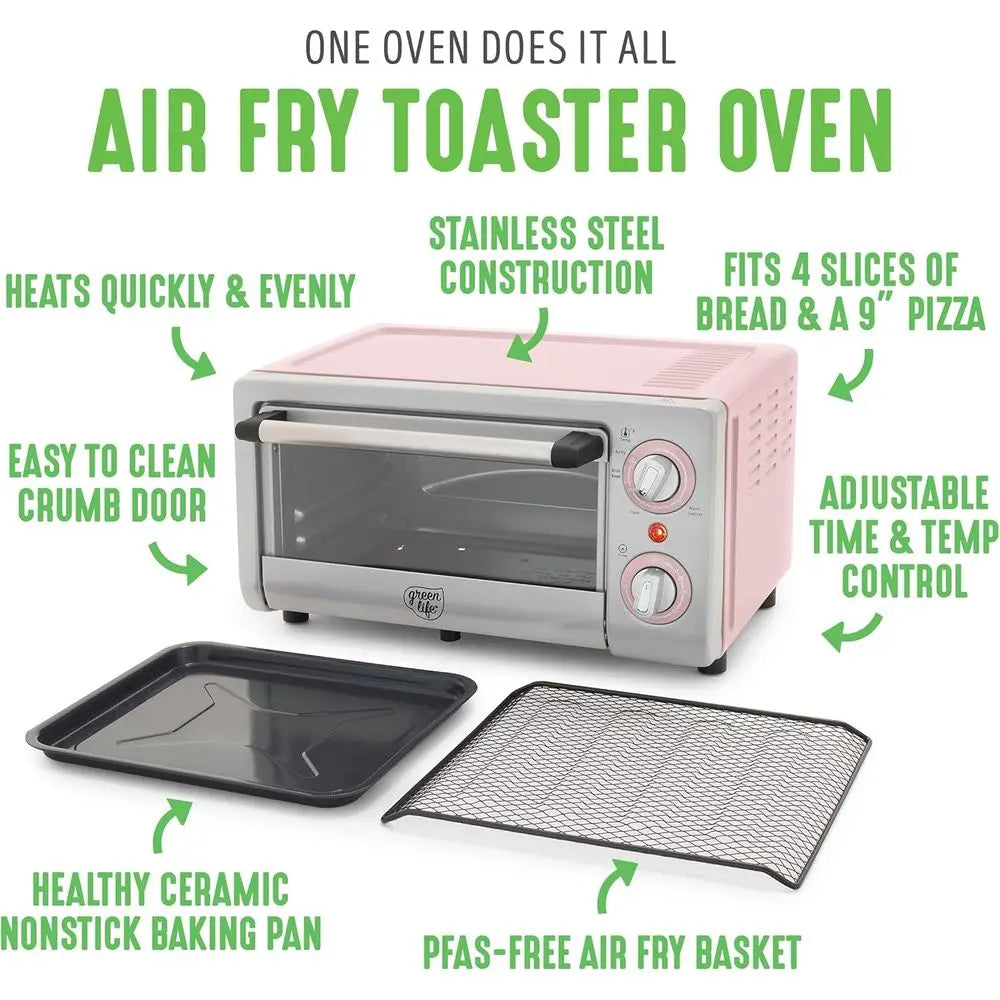 Countertop Toaster Oven Stainless Steel, Nonstick Interior, Rack & Basket, Bake, Broil, Reheat, Adjustable Temp & Time Control,