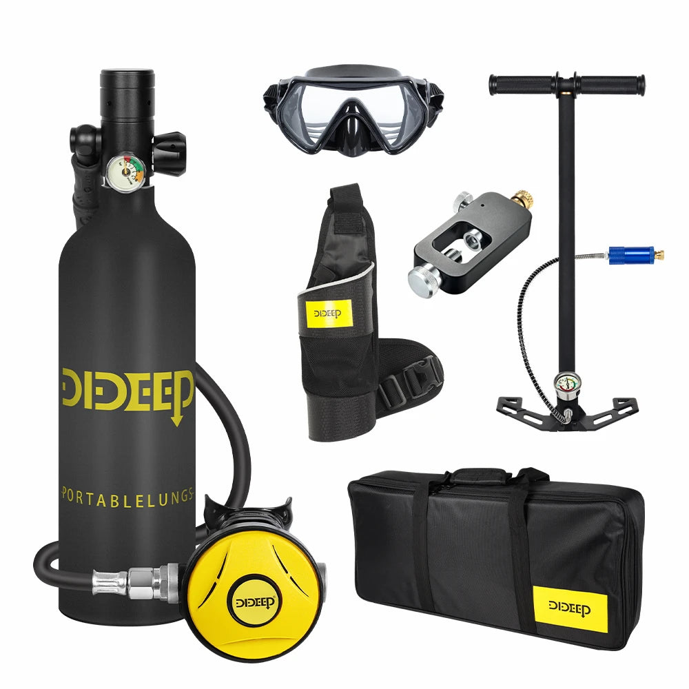 DIDEEP 1Liter Mini Scuba Diving Tank Set, 15-20Mins Underwater Diving Cylinder with Hand Pump，Portable Lungs Gear with 3000 PSI