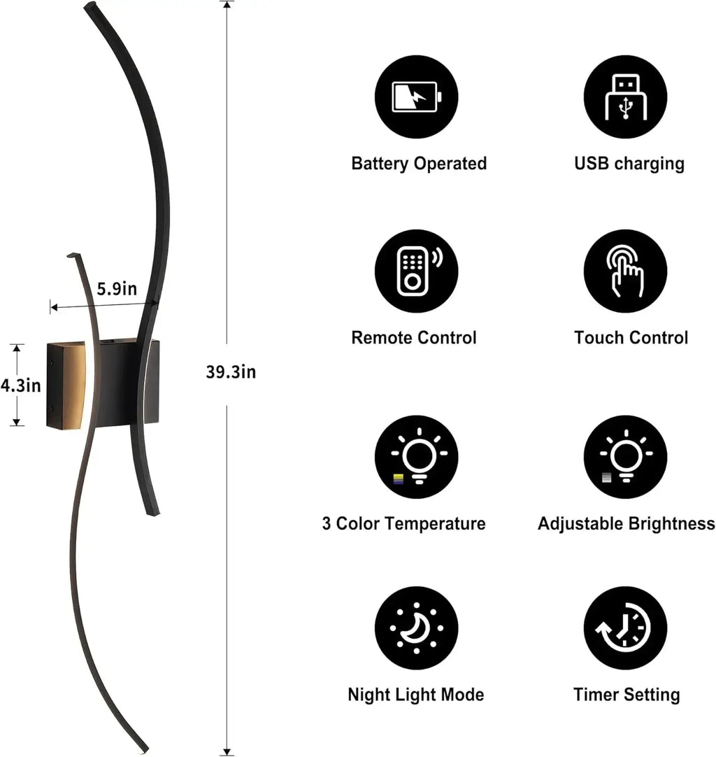 Battery Operated Wall Sconces Set of Two with Remote Control, Stepless Colors 3000K-6000K & Dimming, LED Black Wireless Wall Lig