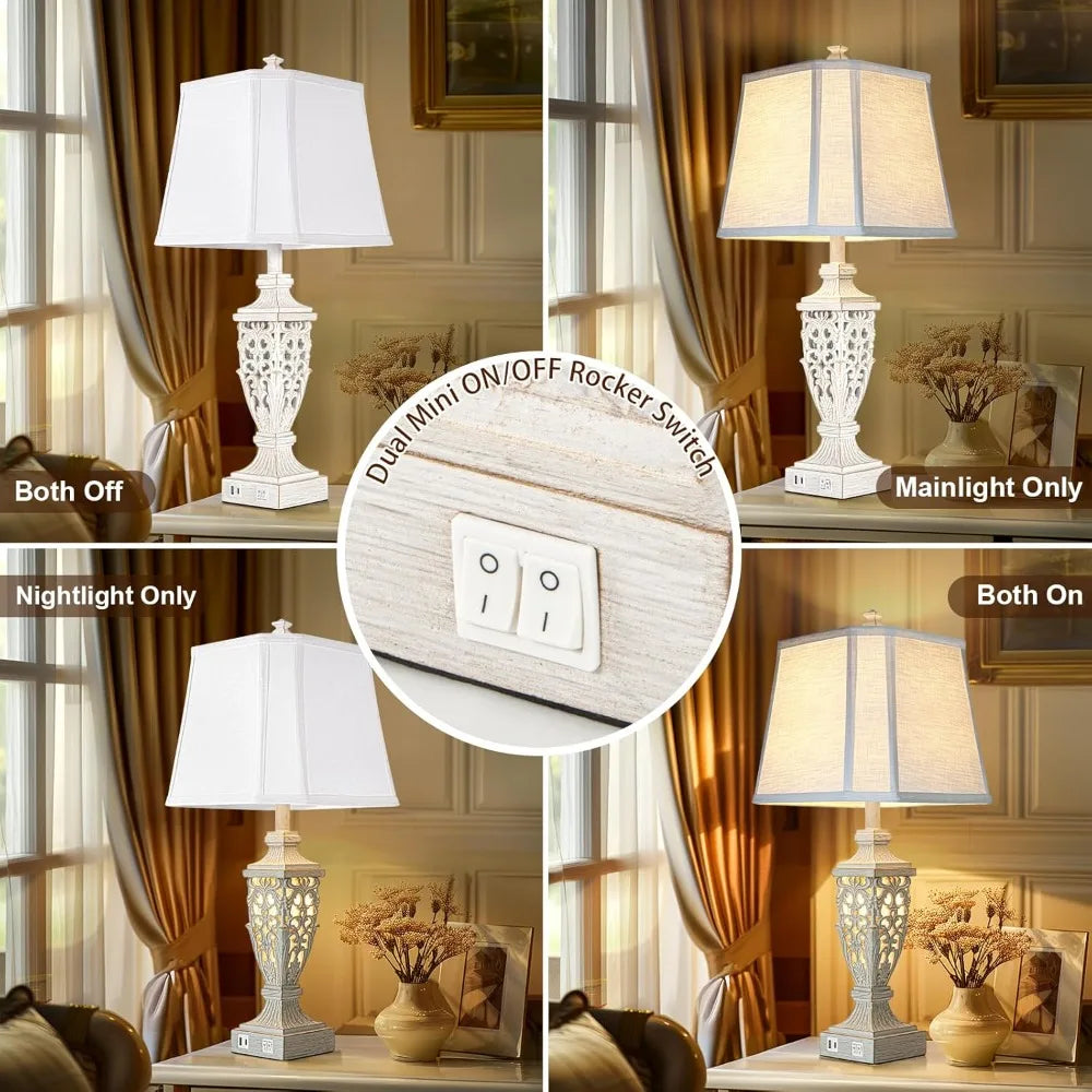 28.5" Table Lamps Set of 2 with Night Light, USB A+C Ports, White Linen Shade for Living Room Bedroom Office (Bulb Included)