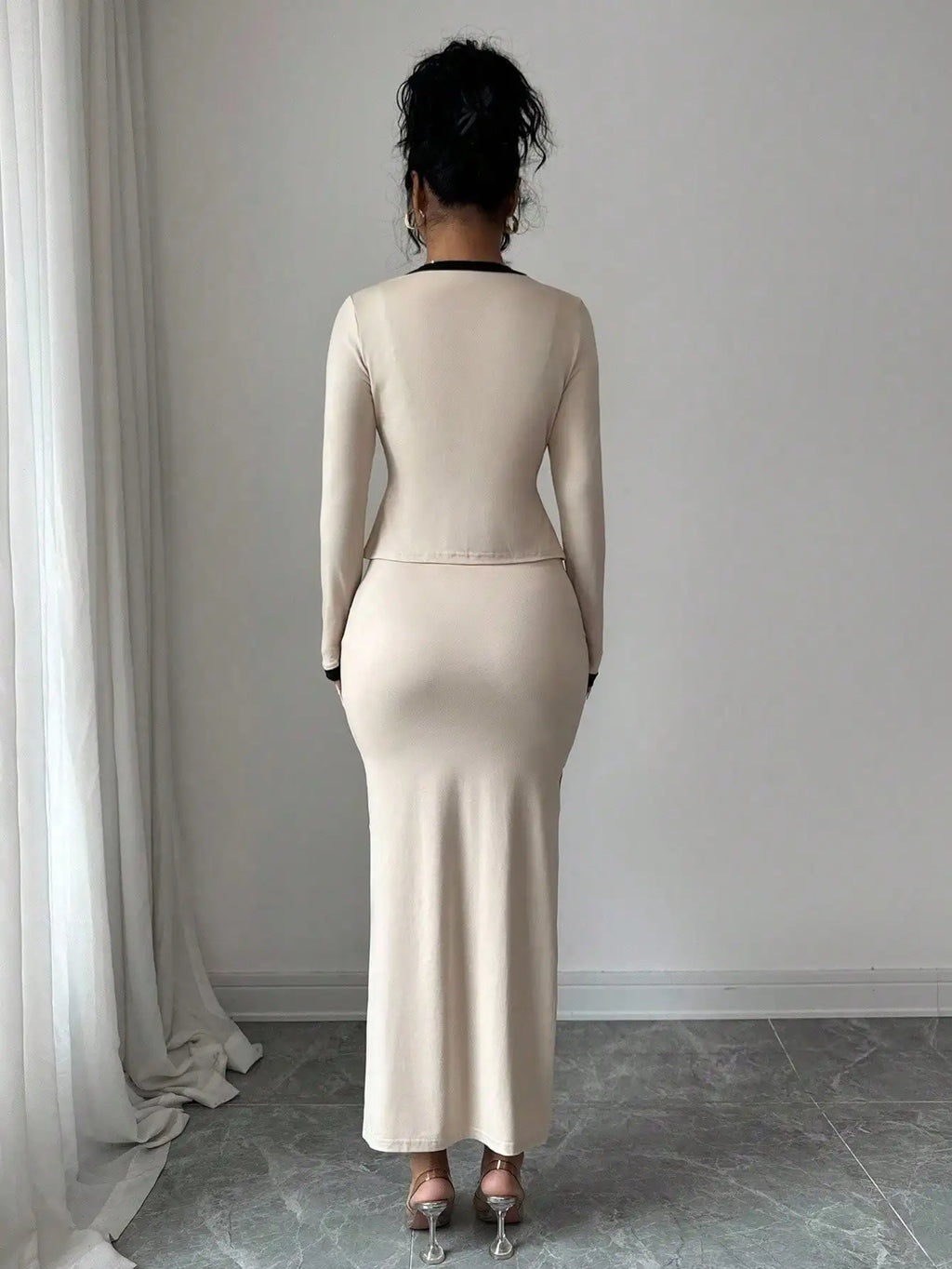 2-Piece Elegant Color Block Long Sleeve Cardigan & Slip Dress Set for Party, Holiday, Casual Wear