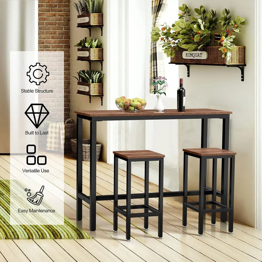 Rustic Brown 39.5 Pub Table with 2x 28 Counter Height Stools, Breakfast or Bistro Dining Set