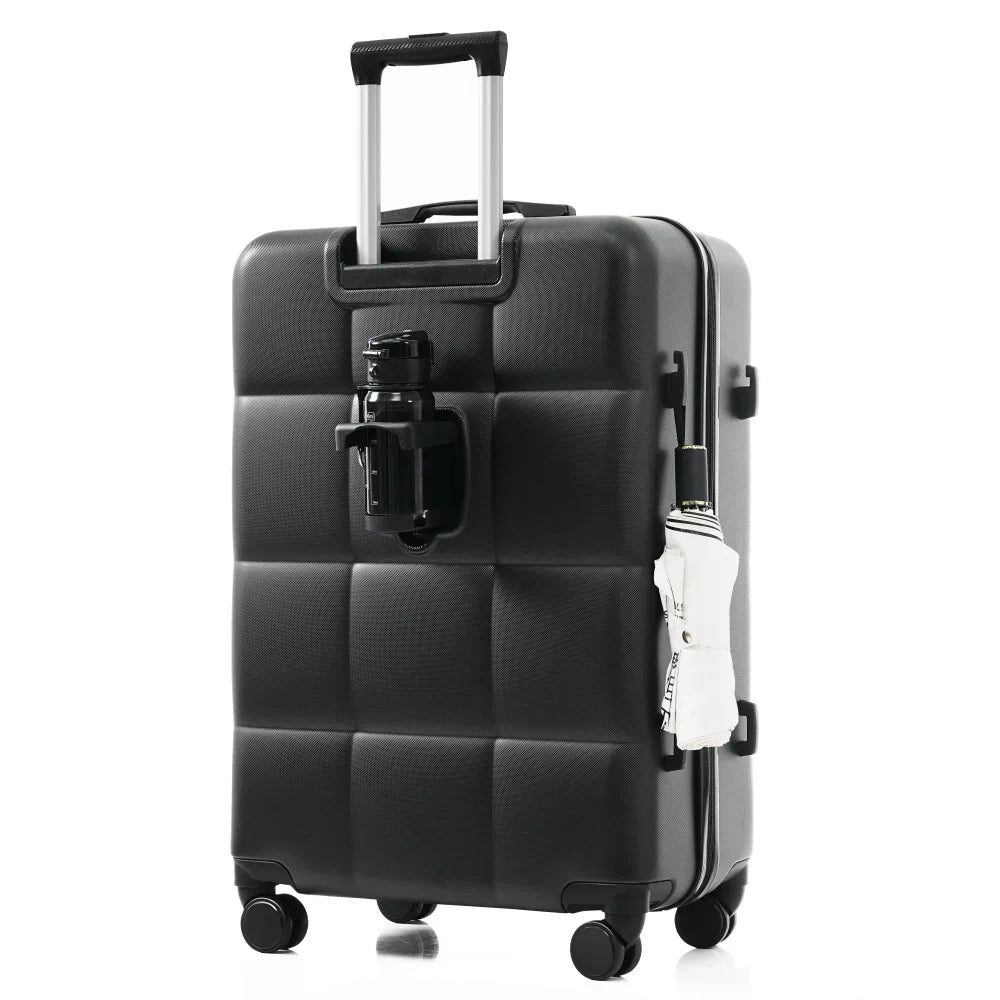 3 Piece Airline Certified Carry-on Luggage Set Cup Holder ABS Hard Shell Spinner Wheels Black Travel Suitcase