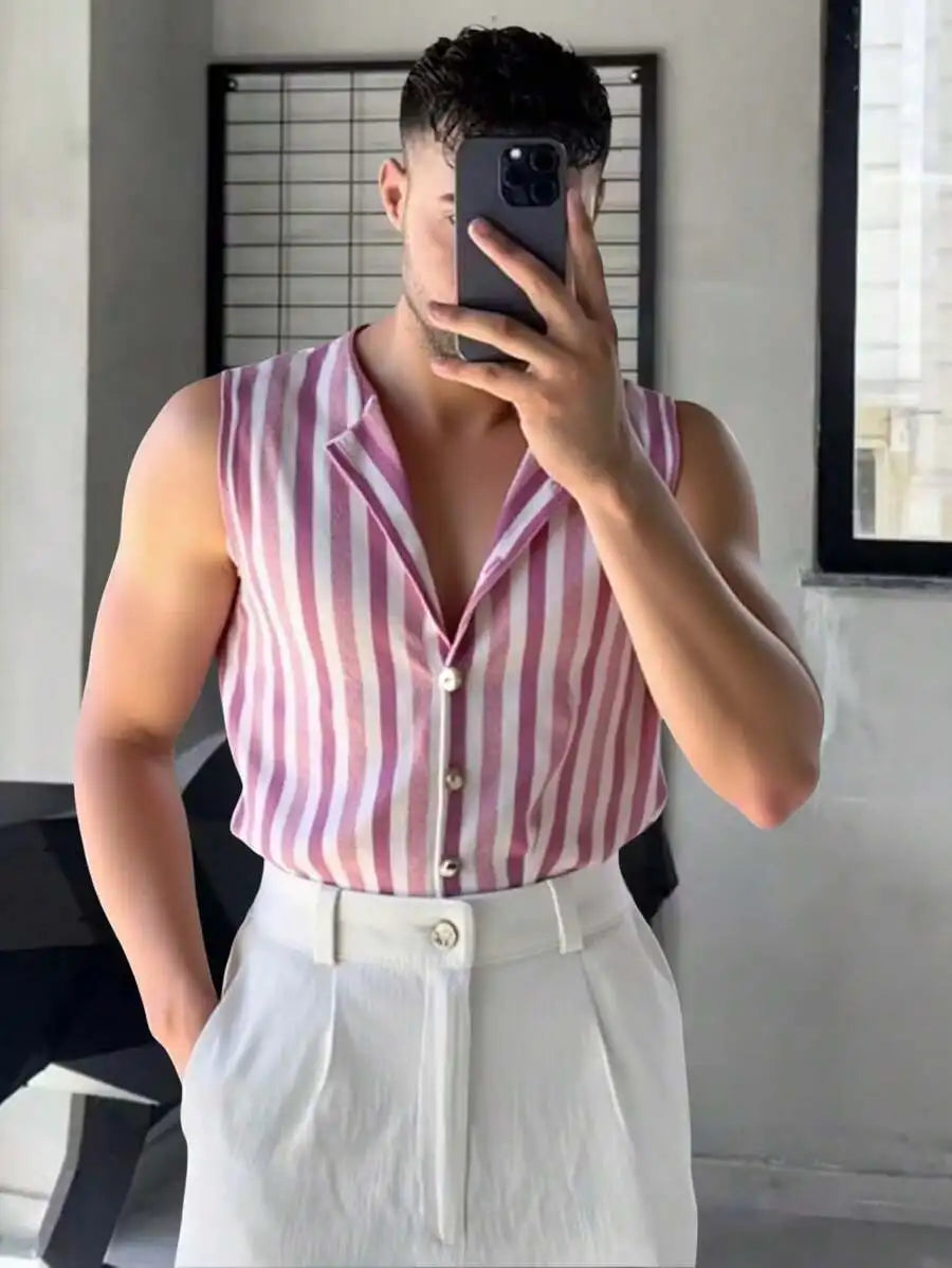 Men's Sleeveless Striped Knit Vest Top - Casual Summer Wear