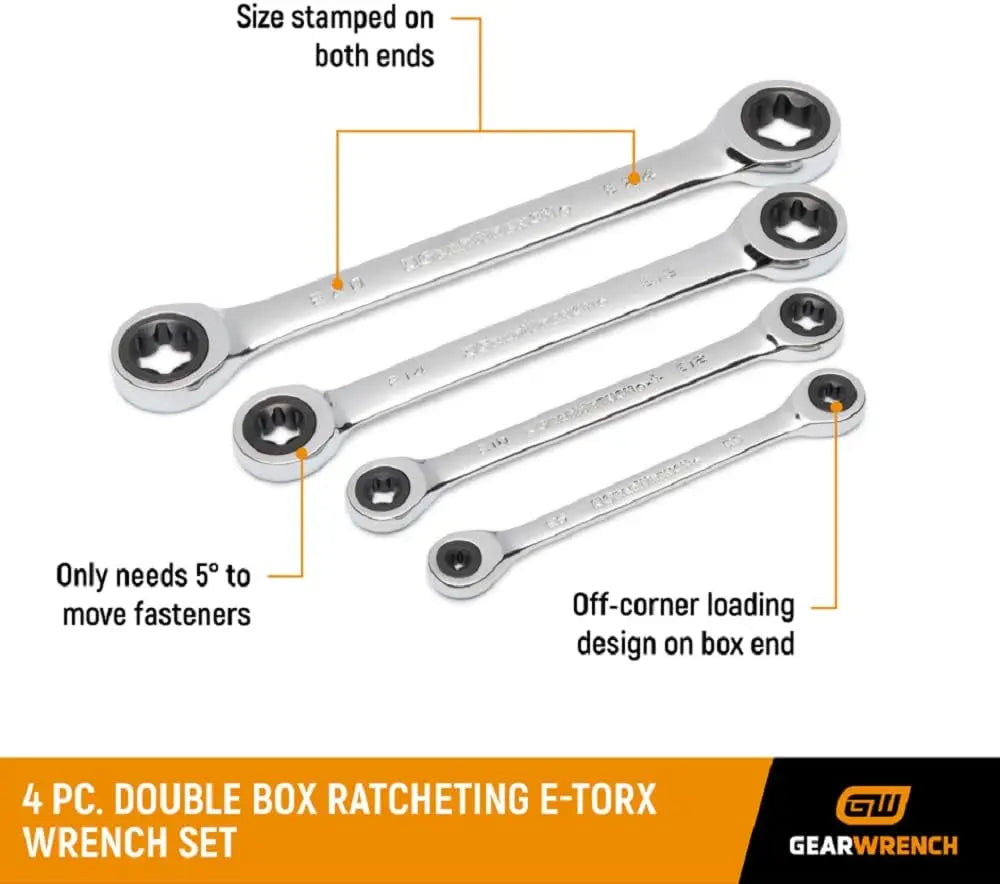 4-Piece Double Box Ratcheting E-Torx Wrench Set, 72-Tooth Design for Tight Spaces