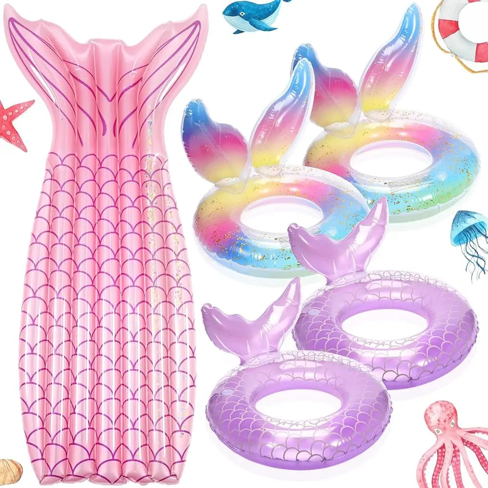 5 Pack Pool Floats Include 4 Pcs Mermaid Inflatable Pool Float Tube 1 Pcs Floatie Raft Mermaid Tail Swim Ring for Beach Water