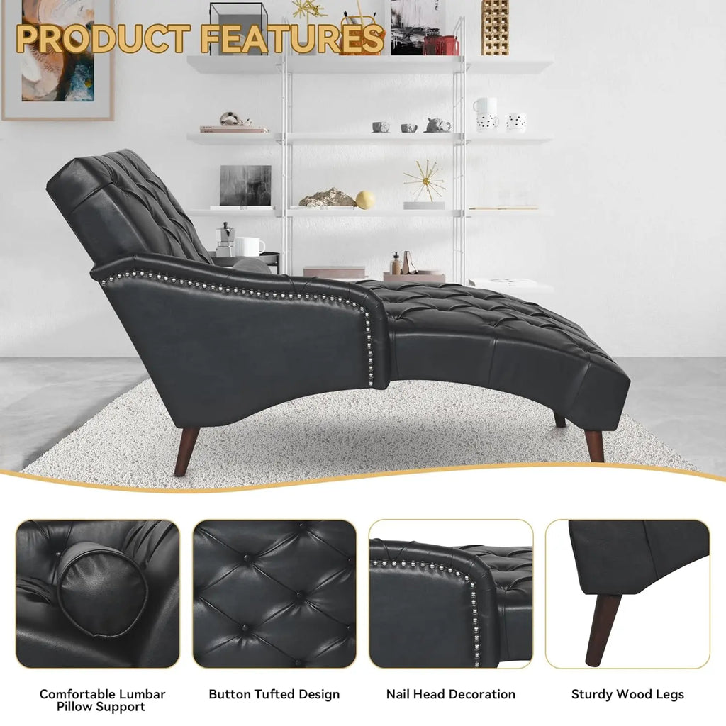 Chaise Lounge Chair Indoor with Lumbar Pillow and Wood Legs, Upholstered PU Leather Tufted Chaise Lounges, Mid, Customized