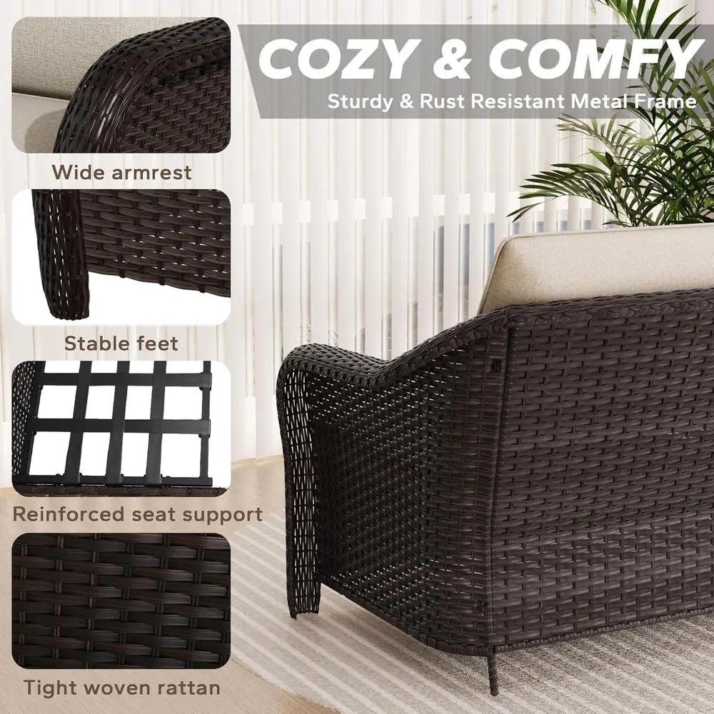 78" Wicker 3-seat Soa, Outdoor Contion urniture, All-Weather Rattan Couch, Steel e Couch with Cushions or Garden, Poolside, Porc