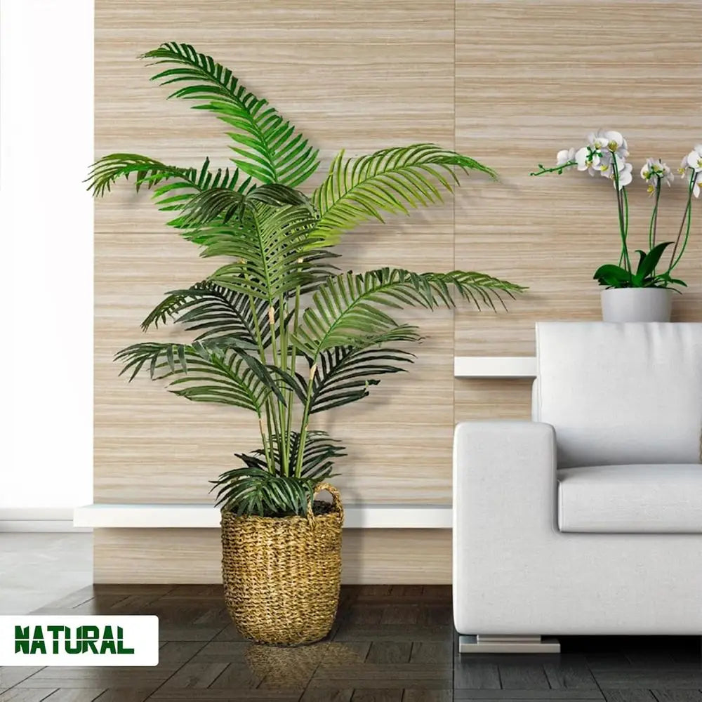 Pair of 6ft Tall Artificial Areca Palm Trees with 19 Real Touch Trunk, Natural Moss, and Pot for Indoor/Outdoor Use