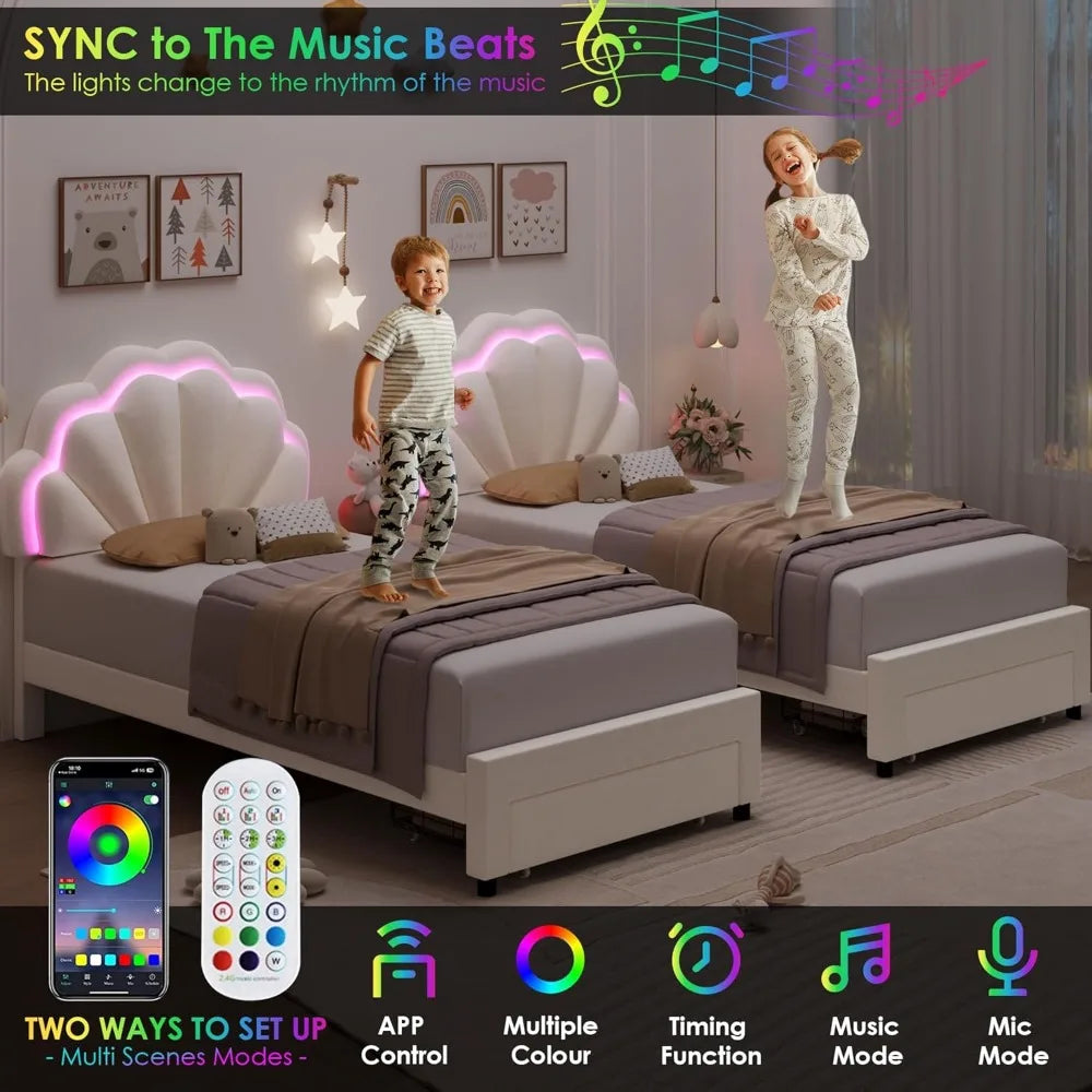 HIFIT 2 Set Twin Bed Frame with Storage and LED Light for Girls, Twin Size Upholstered LED Bed Frame with Drawer & Chic Double P