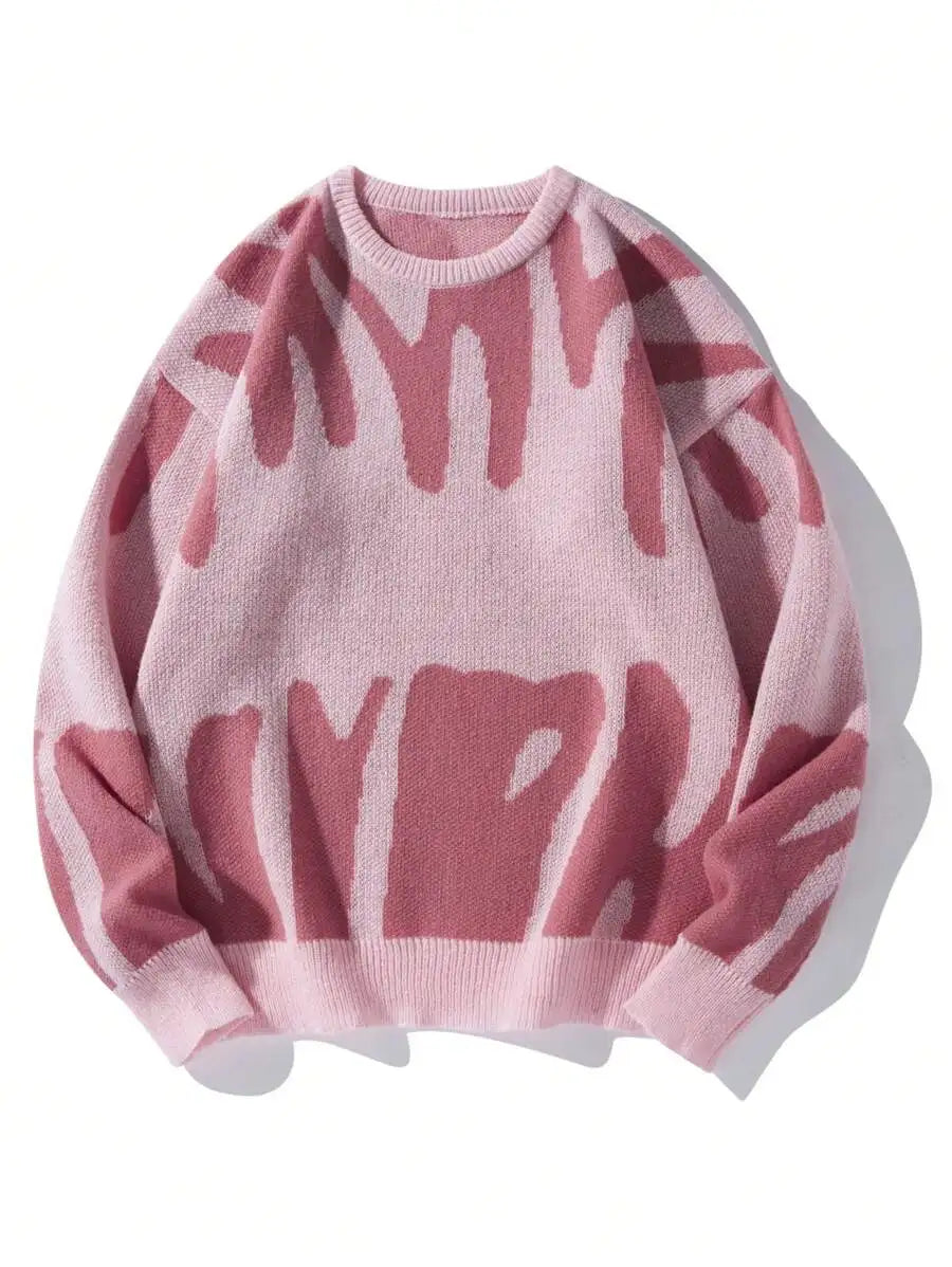 Men's Oversized Graphic Knit Sweater with Bold Black Pattern, Fall Winter Casual Wear