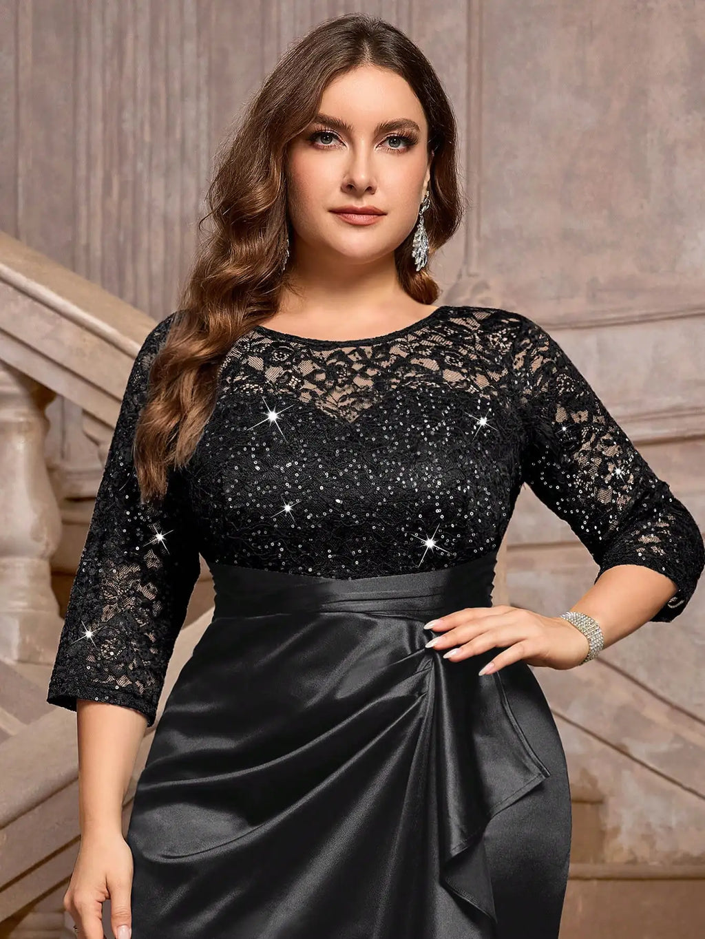 Sequin Floral Lace Ruffle Satin Maxi Dress For Evening Wedding Guest Gala