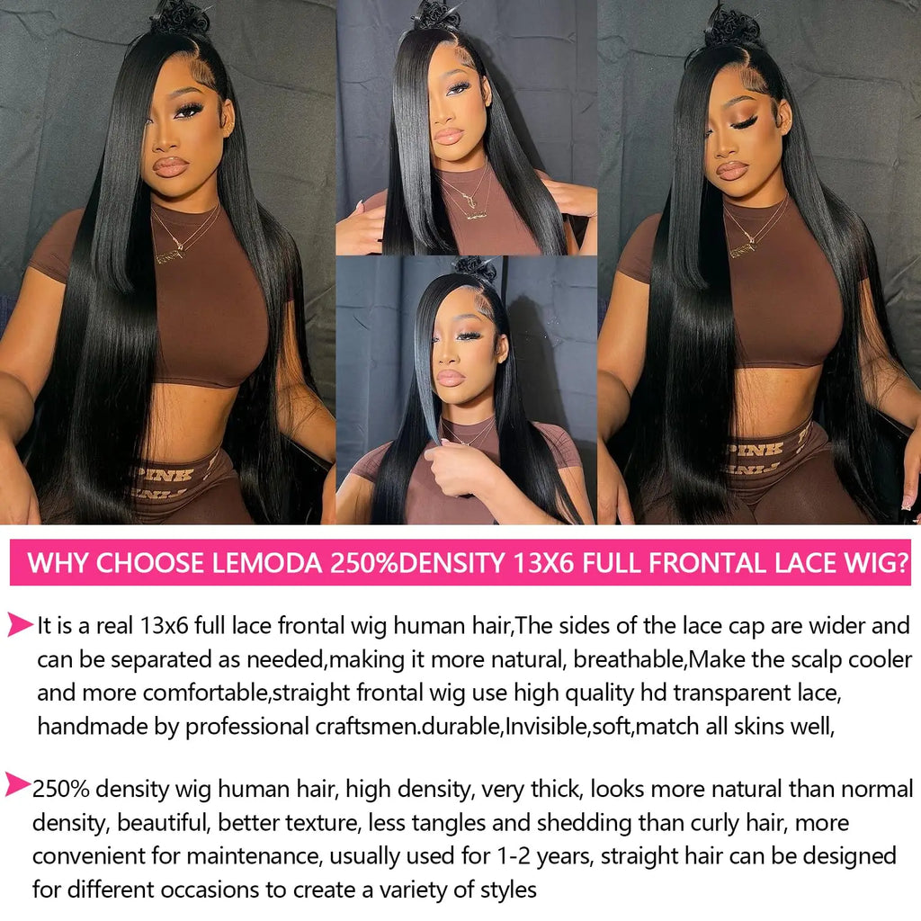 Lemoda 250% Density 13x6 Full Lace Frontal Wigs Straight Human Hair HD Transparent Lace Wigs Pre Plucked Brazilian Virgin 12A