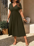Black V-Neck Ruched Short Sleeve A-Line Midi Dress for Women